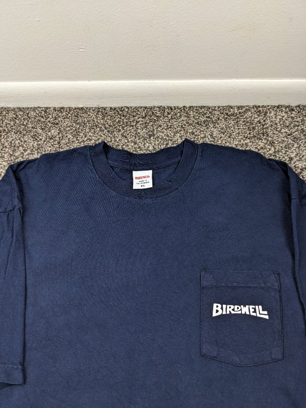 Birdwell Beach Britches T-Shirt Pocket Spellout Navy Blue Cotton Mens XL US Made